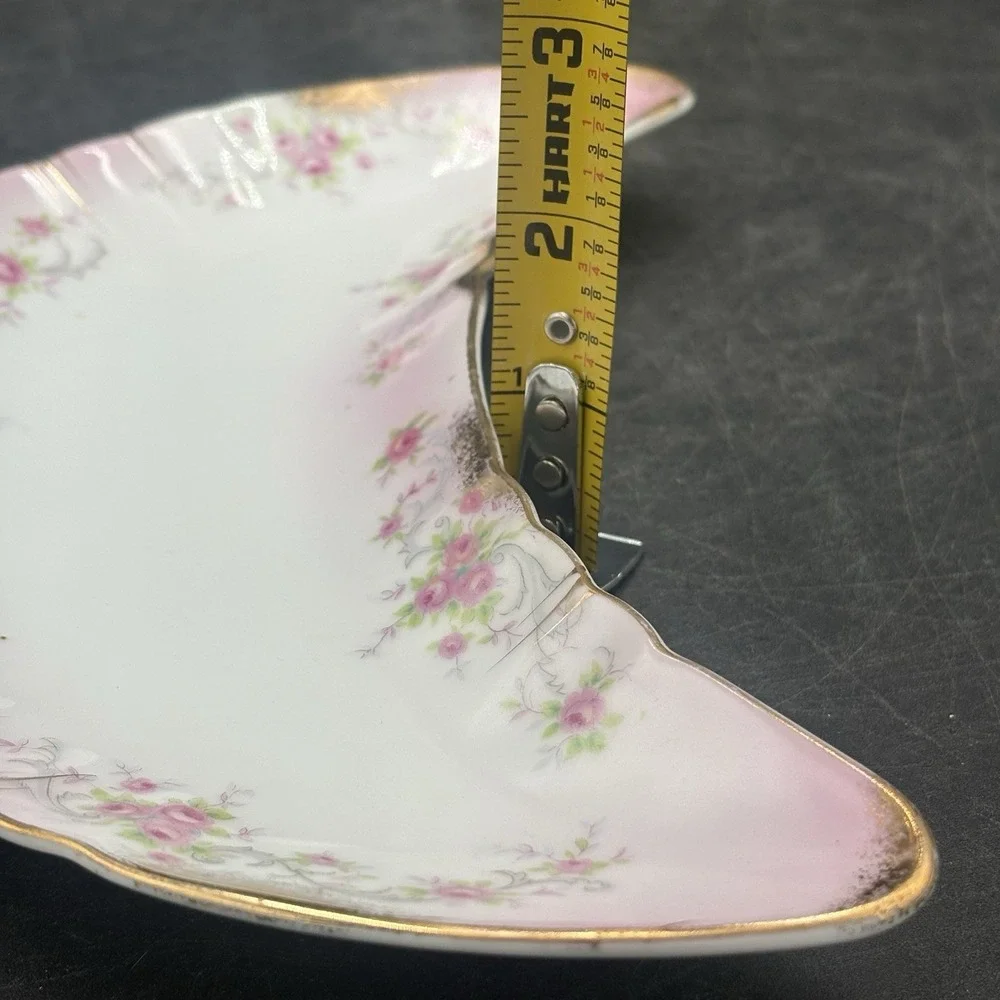 Lefton China Trinket Dish Dainty Pink Rose, Gold Trim Crescent‎ Shape